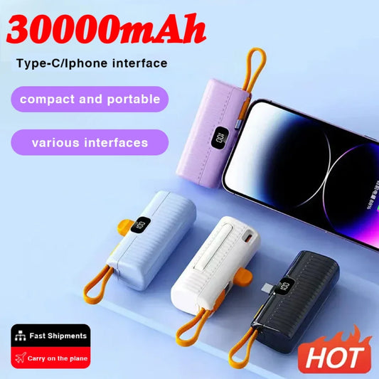 Ultimate 30000mAh Power Bank: Super-Fast Charging, Digital Display, Built-In Data Cable - Perfect for Iphone and Type-C Devices